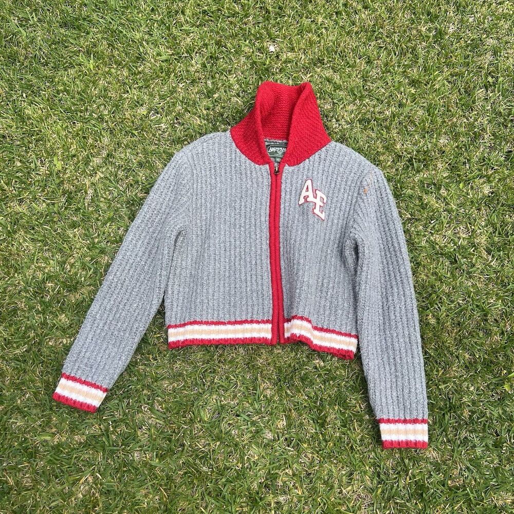 AEO American Eagle Outfitters Zip Up Cropped Letterman Cardigan Sweater Jacket S